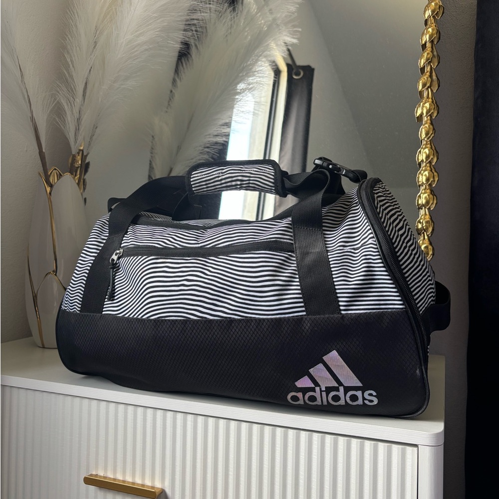 Adidas Black and White Duffel Bag with Striped Design